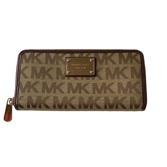 Vtg 90s Michael Kors Signature MK Logo Fabric Leather Wallet Continental Zip - Picture 1 of 7